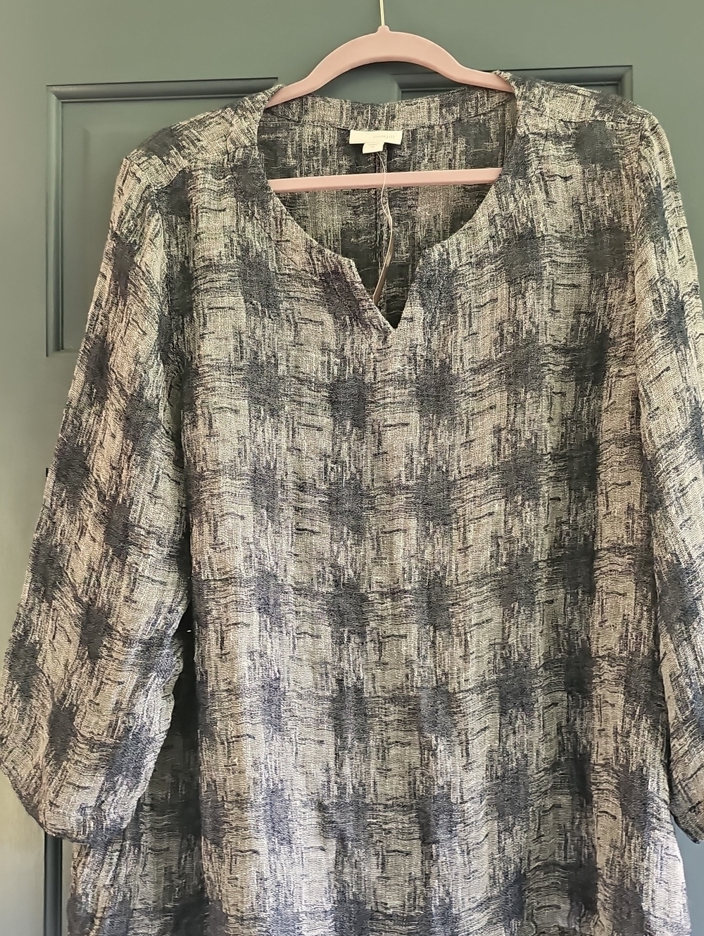 NWT Pure Jill 80% Linen  V Neck Plaid Blouse Gray Navy Xlarge Women